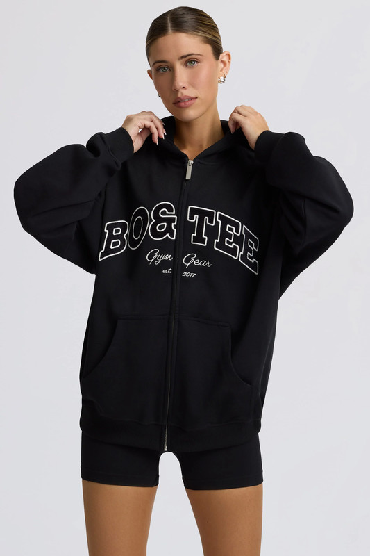 Oversized Zip-Up Hoodie in Black - Size:L